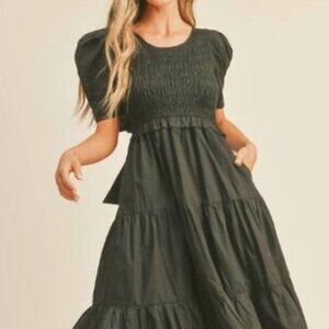 NEW with tags &MERCI Beckham Black Smocked Midi Dress Size M